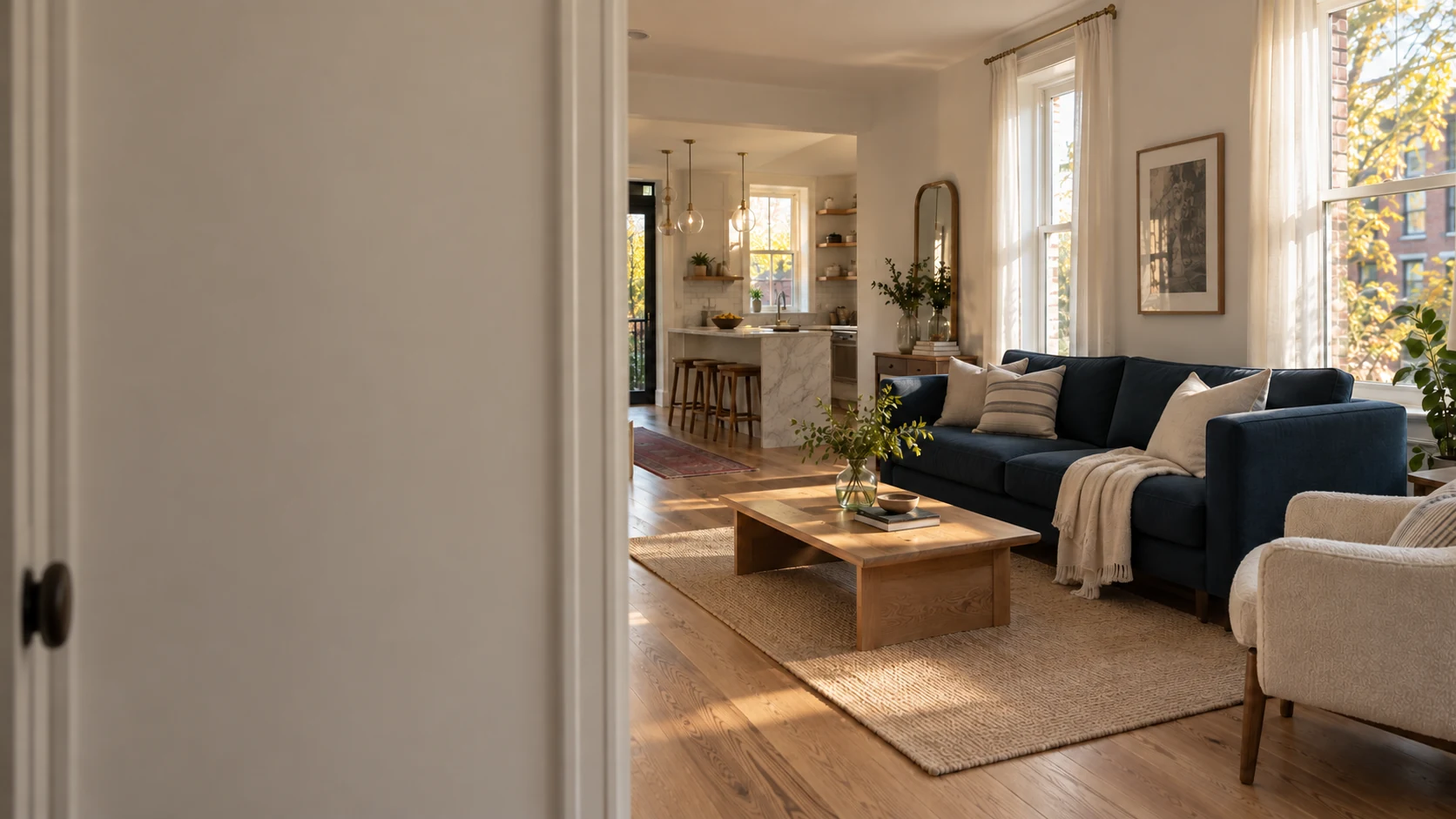Afternoon light in a tidy living room with a navy sofa and oak floors